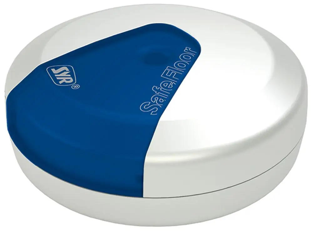Runder Bodensensor in weiß-blauer Farbkombination, markiert mit "SYR SafeFloor", zur Bodenüberwachung in einem technischen Kontext.